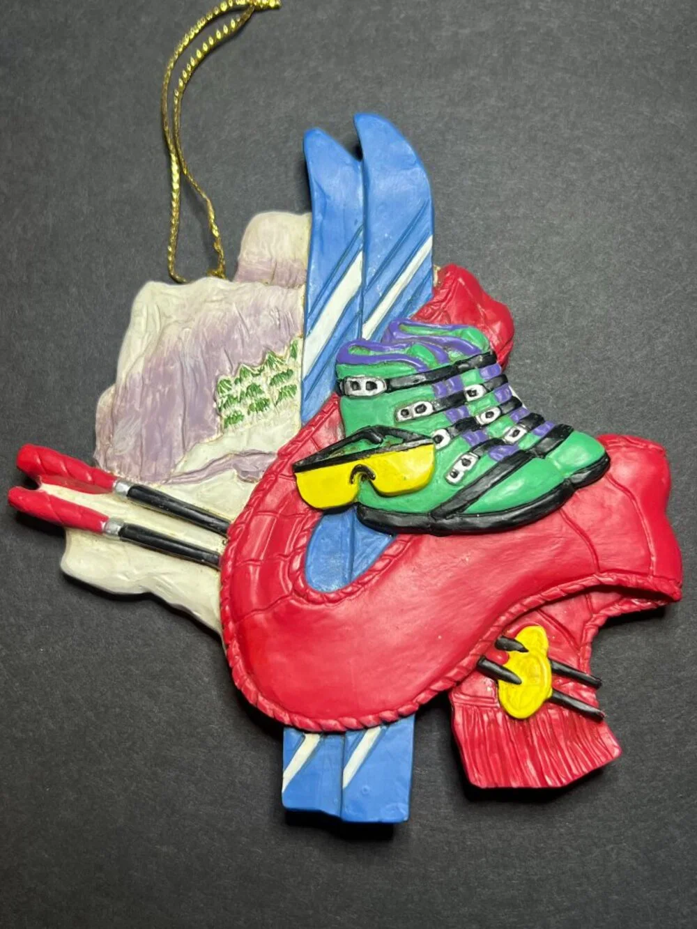 Vintage Resin Mountain Scene w/ Ski Boots, Scarf & Goggles Christmas Ornament